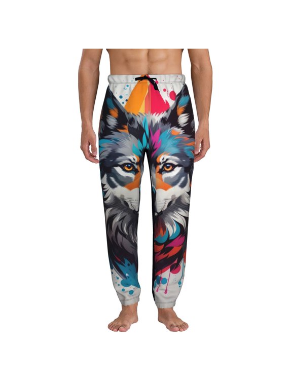 Tie-Dye Wolf Head Print Mens Jogger Sweatpants, Men's Lounge Pants with Pockets-3X-Large