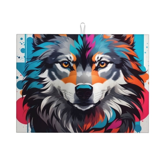 Honeii Tie-Dye Wolf Head print Super Absorbent Coffee Bar Mat Hide Stain Coffee Maker Mat for Countertops Coffee Pot Dish Drying Mat for Kitchen Counter