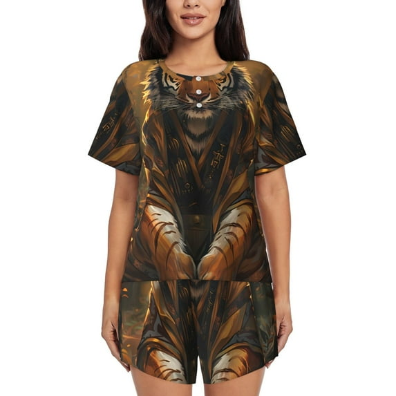 Honeii Tiger In The Fallen Leaf Forest for Women's Summer Pajama Set featuring Soft Short Sleeve Shirt & Matching Bottoms with Convenient Pockets for Relaxed Home Wear-X-Large