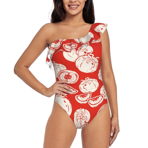 Honeii Tomatoes for women's one-piece swimsuit featuring a chic one-shoulder design experience elegance and style in the water-Large