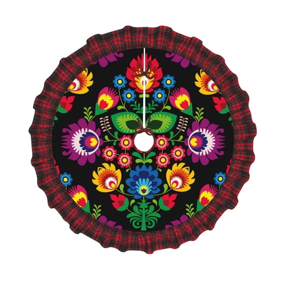 Honeii Traditional Floral Polish Pattern Christmas Tree Skirt, Christmas Ribbon Holly Winter Holiday Tree Mat Decoration-36"