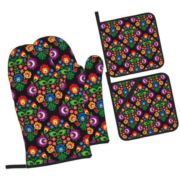 Honeii Traditional Floral Polish Pattern Oven Mitts and Pot Holders, Silicone Oven Gloves,500 F Heat Resistant Oven Mitts Sets, 4PCS