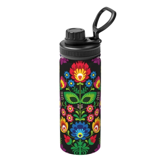 Honeii Traditional Floral Polish Print 18OZ Sports Insulated Kettle,Double-Walled Stainless Steel Water Bottle with Leak-Proof Lid, Perfect for Outdoor, Sports, and Travel