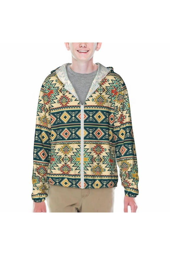 Traditional Tribal Aztec1 Print Sun Protection Jacket Hooded Cooling Shirt with Pockets Hiking Outdoor Performance-Medium