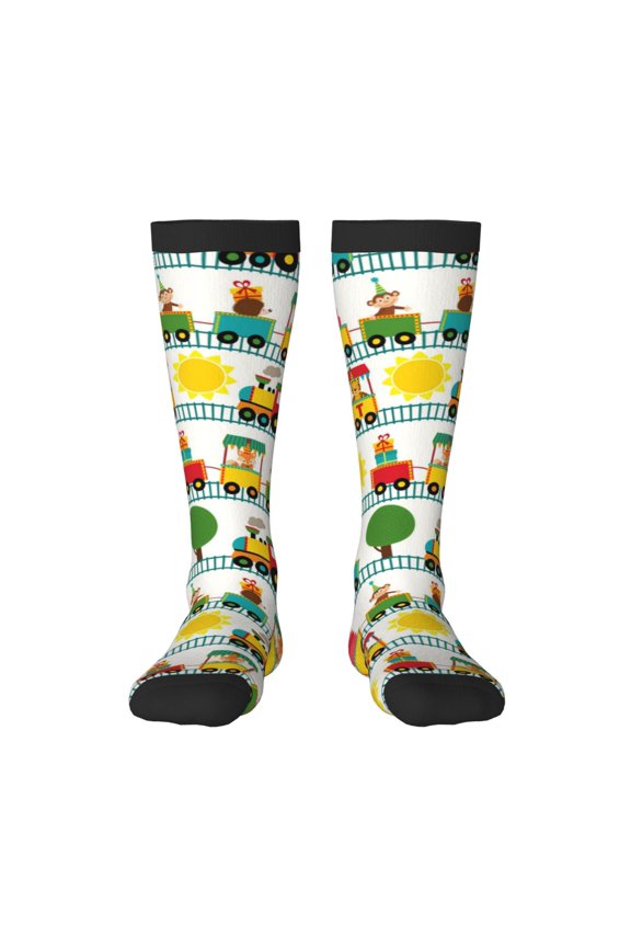 Train With Animals Print Long Socks,Novelty Design Socks Gift for Men and Women,Crew Socks,Calf Socks