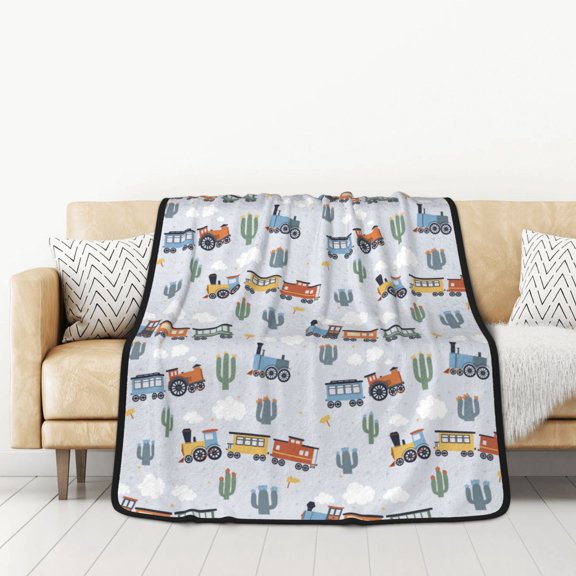 Honeii Trains And Cactuse for Throw Blanket for Couch - Thick Blanket, Soft Fuzzy Plush Throw Blanket for All Seasons, Double Sided Blanket,50x60 In
