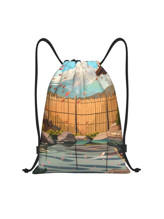 Tranquil Garden Landscape Print Drawstring Backpack,Drawstring Bags String Backpack Gym Cinch Sack Backpack Sport Bag Draw-Small