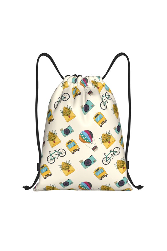 Travel Elements Print Drawstring Backpack,Drawstring Bags String Backpack Gym Cinch Sack Backpack Sport Bag Draw-Small