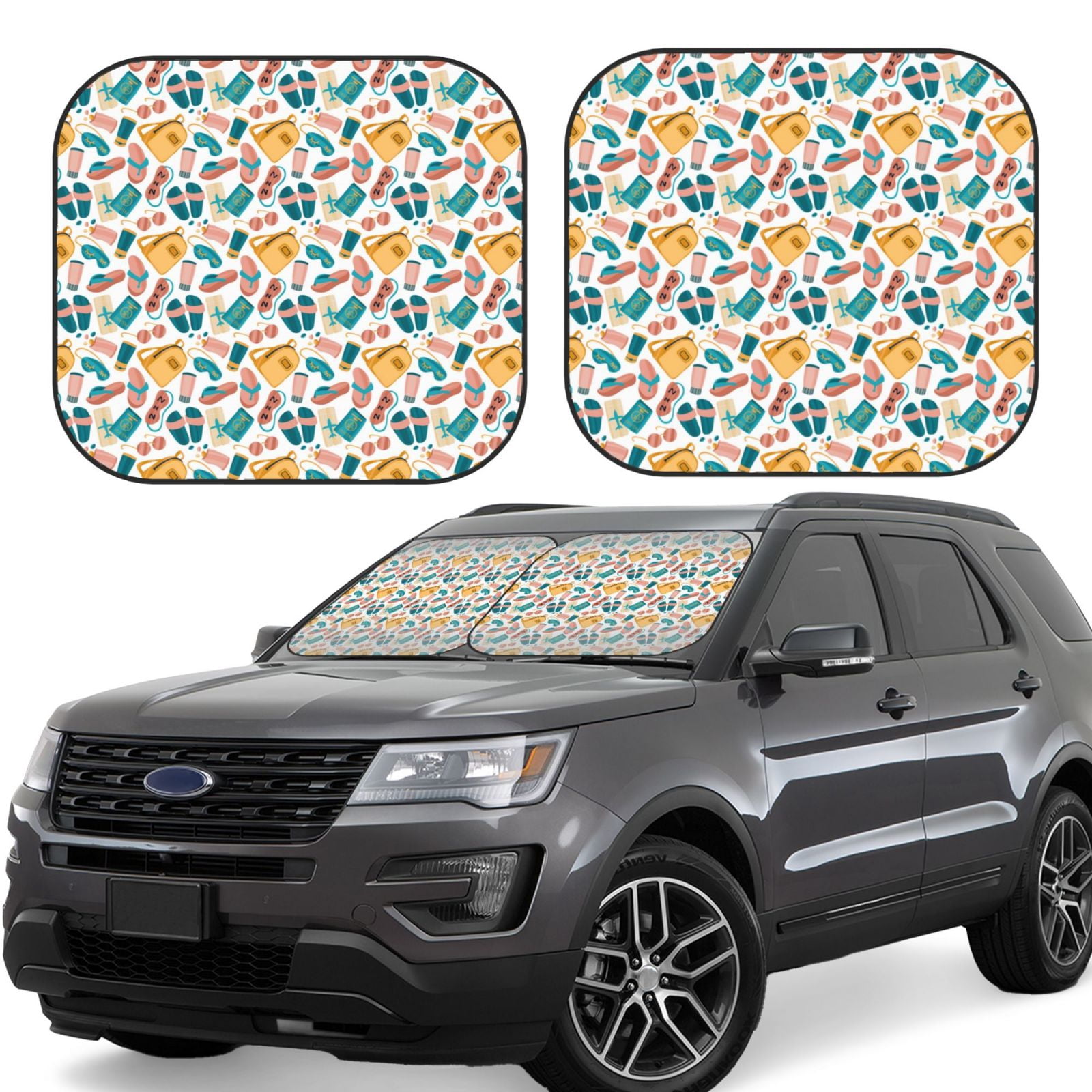 Honeii Travel Elements Print Foldable Car Sun Shade for Windshield, 2 ...