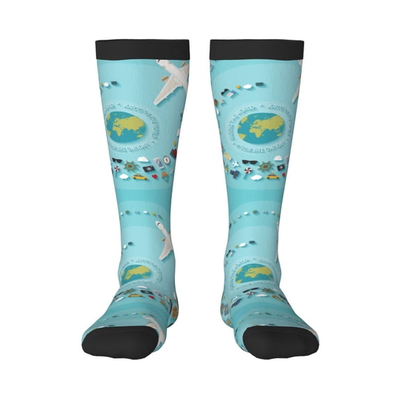 Honeii Travelling on Airplane Print Long Socks,Novelty Design Socks Gift for Men and Women,Crew Socks,Calf Socks
