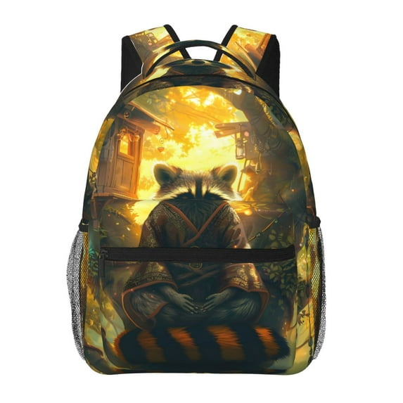 Honeii Tree Meditating Raccoon Print Backpack for Both Men and Women, Basic Bookbag for College, Work, or Travel,Rucksack Computer Bag-One Size