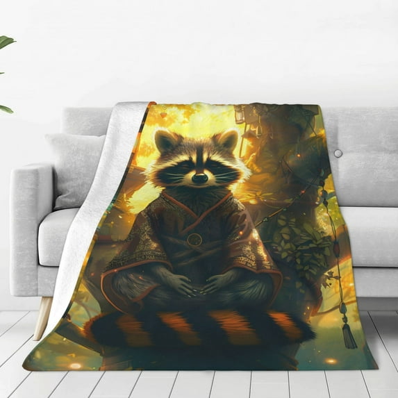 Honeii Tree Meditating Raccoon Print Fleece Blanket - Throw Blanket for Bed, Sofa, Couch, Camping, and Travel , Microplush Ultra Soft Warm Blanket-40"x30"
