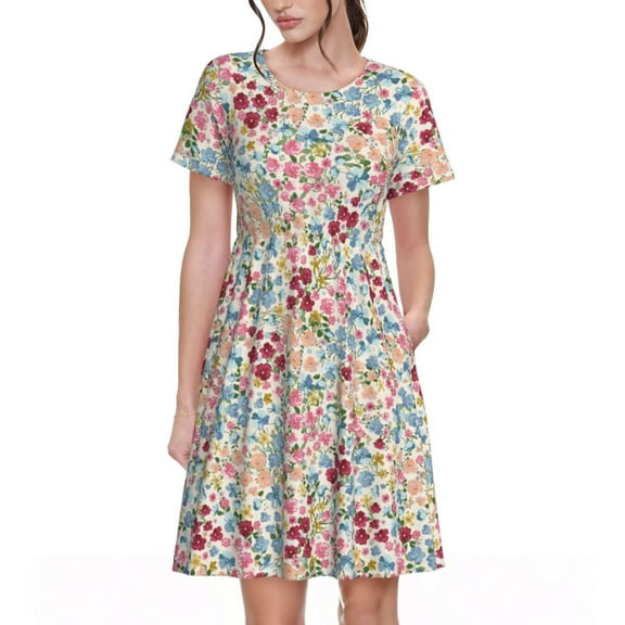Honeii Trendy Floral Design Print Women’s Short Sleeve Dress, Comfortable Casual Dress, Soft Polyester Spandex Blend, Stylish Everyday Wear for Summer, Perfect for Travel and Vacation
