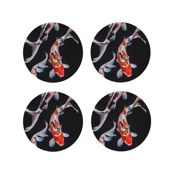 Honeii Tricolor Koi Fish Trio Print Leather Coaster Set of 4, Ideal for Safeguarding Your Furniture from Drinks Spills and Effortless Cleanup-Round Shape