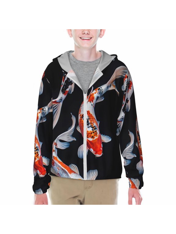 Tricolor Koi Fish Trio Print Sun Protection Jacket Hooded Cooling Shirt with Pockets Hiking Outdoor Performance-