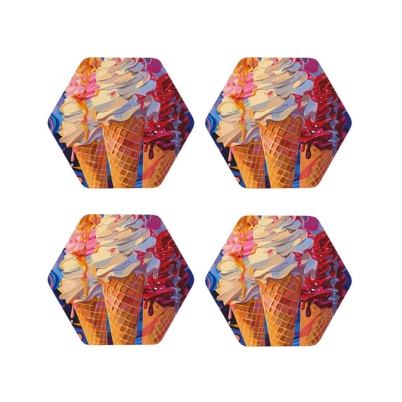 Honeii Trio Of Dripping Cones Print Leather Coaster Set of 4, Ideal for Safeguarding Your Furniture from Drinks Spills and Effortless Cleanup-Hexagon