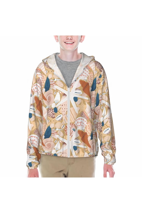 Tropical Beach Sea Shell Print Sun Protection Jacket Hooded Cooling Shirt with Pockets Hiking Outdoor Performance-Large