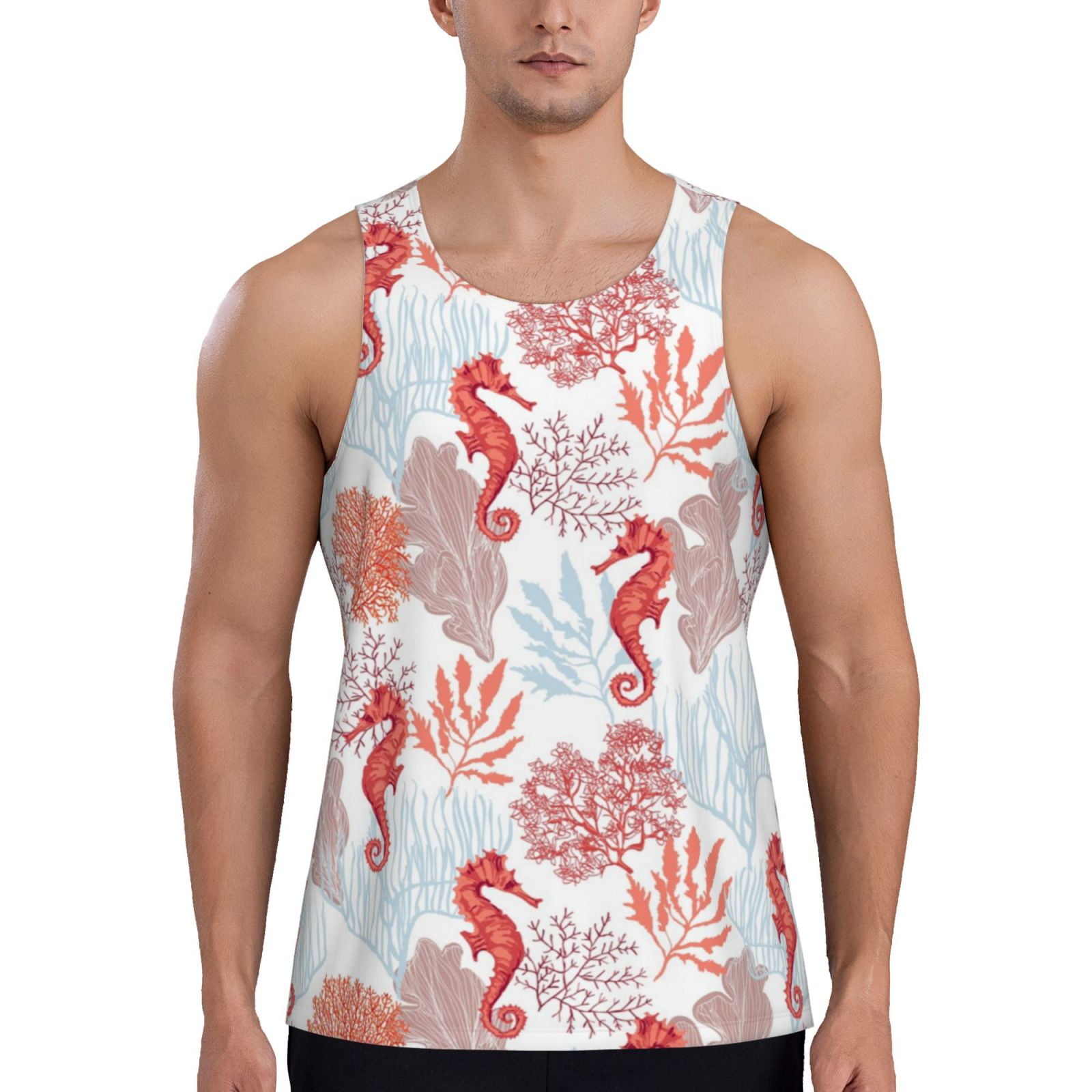 Honeii Tropical Corals Seahorse Pattern Men's Workout Tank Top Casual