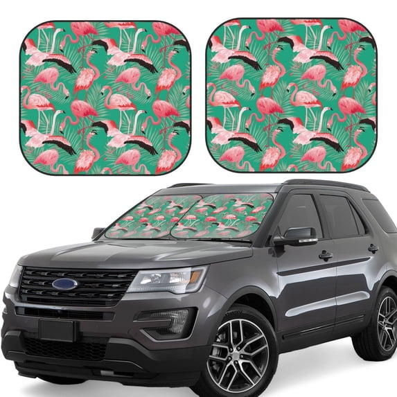 Honeii Tropical Flamingo Print Foldable Car Sun Shade for Windshield, 2-Piece UV Protection Shade, Protects Car Interior, Ideal for Cars, Trucks, SUVs-Medium