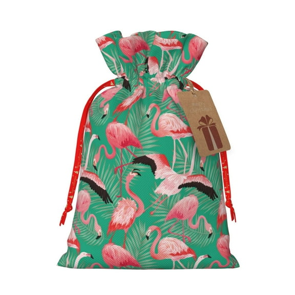 Honeii Tropical Flamingo Print Small Burlap Bags,Christmas Drawstring Treat Bags Gift Bags Reusable Candy Goodie Wrapping Bags for Holiday Party Favors Supplies -Small