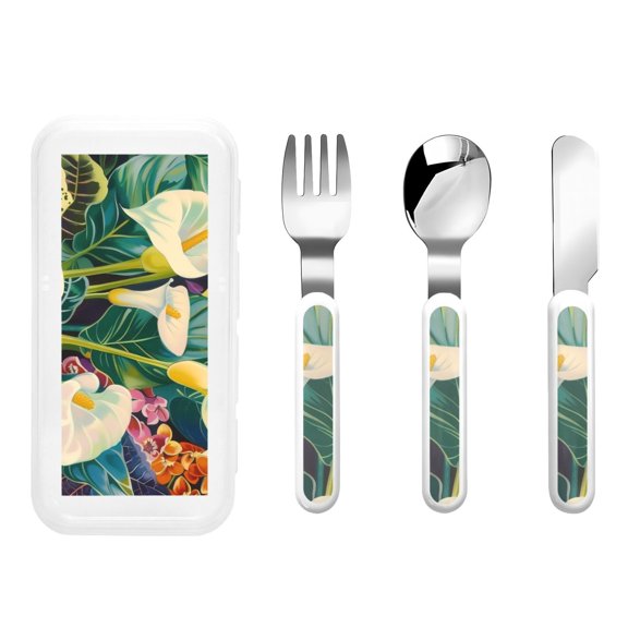 Honeii Tropical Floral Jungle Print Children's Knife, Fork And Spoon Set,Reusable Utensils Set with Case,Travel Cutlery Set,for Kids Adults Camping