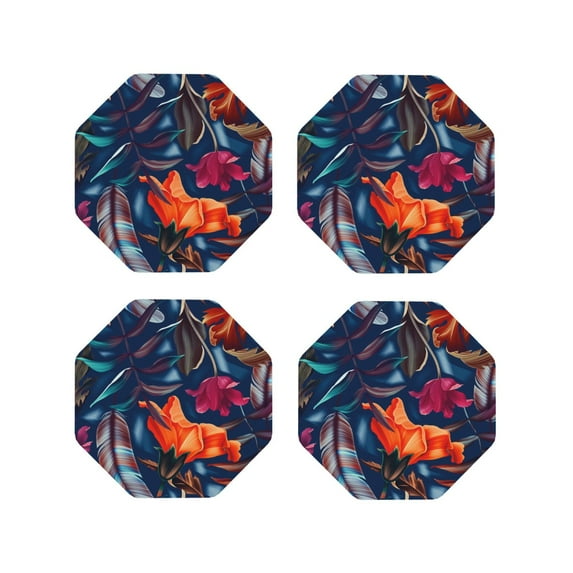 Honeii Tropical Flower print Leather Coaster Set of 4, ideal for safeguarding your furniture from drinks spills and effortless cleanup-Octagon
