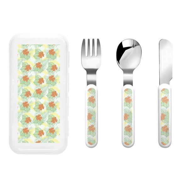 Honeii Tropical Flowers Print Children's Knife, Fork And Spoon Set,Reusable Utensils Set with Case,Travel Cutlery Set,for Kids Adults Camping