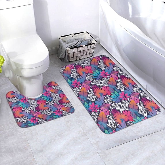 Honeii Tropical Leaves Pattern Bathroom Anti-Skid Pad Bathroom Mat Vintage Seamless Pattern Not-Slip Toilet Rug Set