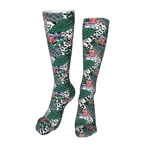 Honeii Tropical Leaves Print Calf Socks Sports Socks Seamless Toe, Trouser Socks,Knee High Long Socks for Women and Men-One Size