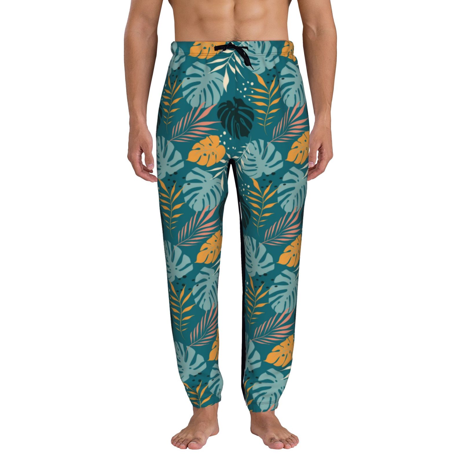 Honeii Tropical Leaves Print Mens Jogger Sweatpants, Men's Lounge Pants