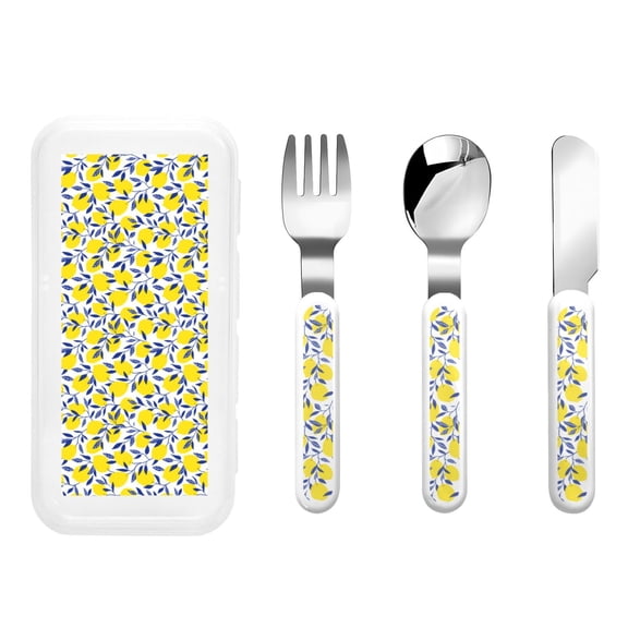 Honeii Tropical Lemon Print Children's Knife, Fork And Spoon Set,Reusable Utensils Set with Case,Travel Cutlery Set,for Kids Adults Camping