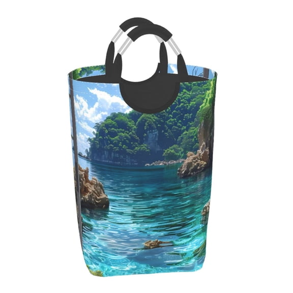 Honeii Tropical Paradise Window View Print Laundry Hamper Collapsible Laundry Baskets, Freestanding Waterproof Clothes Hamper with Easy Carry Handles
