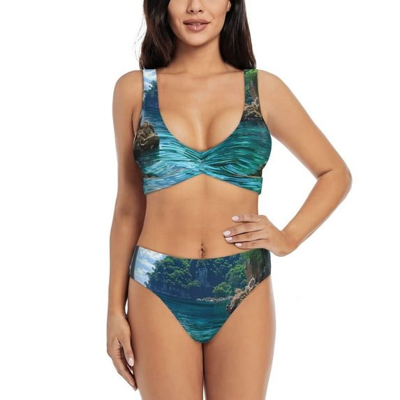 Honeii Tropical Paradise Window View Print Women’s Bikini Set,Two Piece Swimsuit Bathing Suits,Stylish High Elasticity Swimwear for Beach and Pool