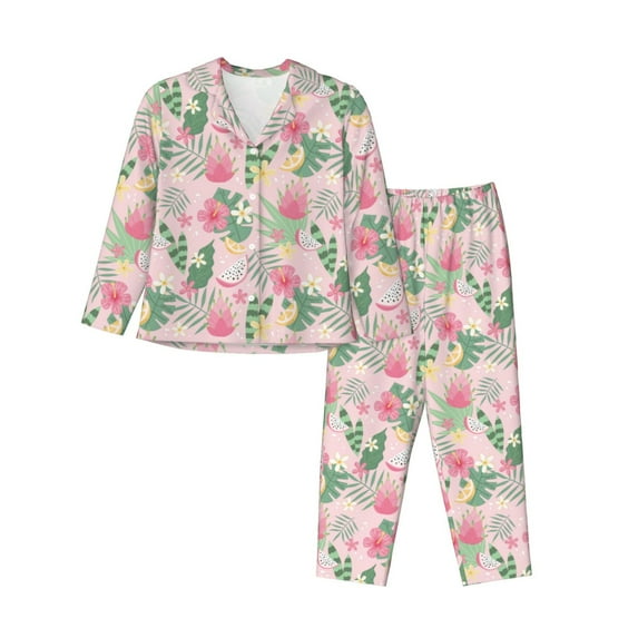 Honeii Tropical Pitaya print Women's Pajama Sets Long Sleeve Button Down Sleepwear Nightwear Soft Pjs Lounge Sets-X-Large