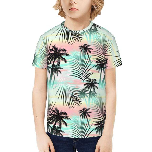 Honeii Tropical Summer Palm Print Kids Boy T-Shirt,Breathable Round Neck Tee,Stylish Summer Tee for Boys, for Outdoor Activities and Casual Wear