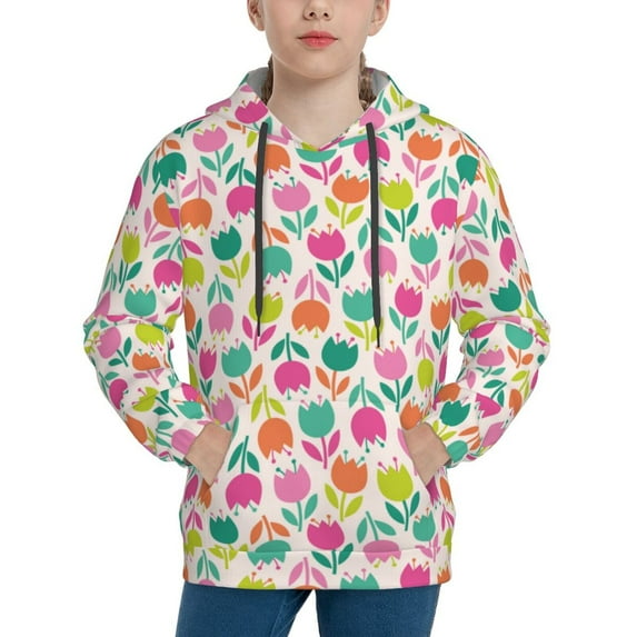 Honeii Tulips Flowers Pattern Long-Sleeve Hooded Sweatshirt Pullover Hoodie for Boys and Grils-Large