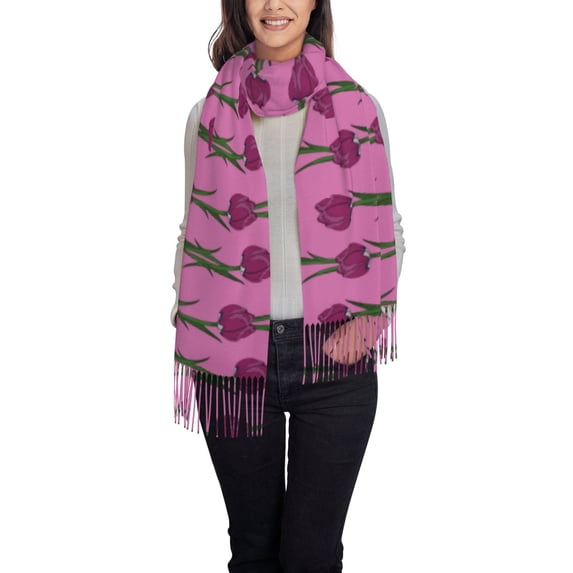 Honeii Tulips Flowers Print Scarf Oversized Scarf Tassel Fall Winter Thick Scarf Warm Shawl Women,Women's Scarves & Wraps