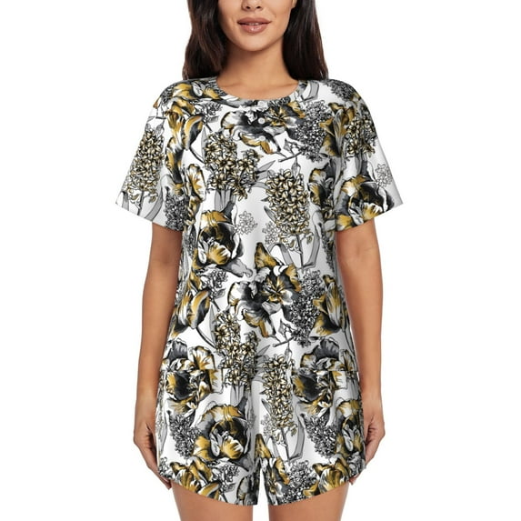 Honeii Tulips Flowers for Women's Summer Pajama Set featuring Soft Short Sleeve Shirt & Matching Bottoms with Convenient Pockets for Relaxed Home Wear-4X-Large