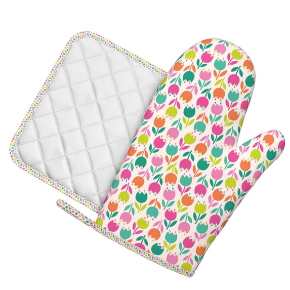 Honeii Tulips Flowers patten Oven Mitts and Pot Holders Sets, Baker Oven Mitts, Mittens for Kitchen Decor, Baking Lover over Gloves Gifts