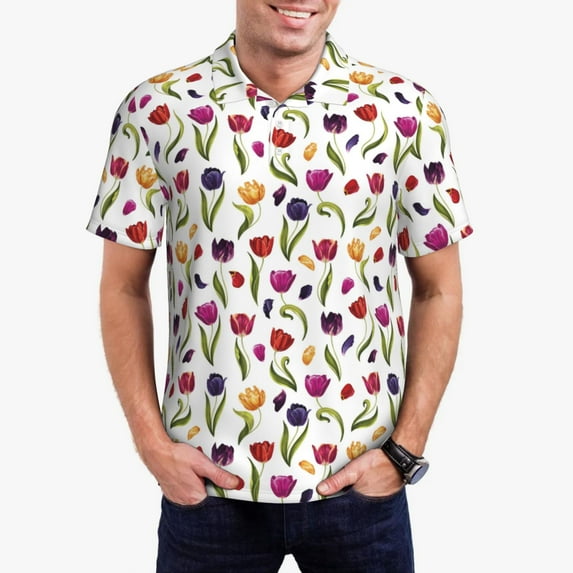 Honeii Tulips Flowers print Polo Shirt, a classic short-sleeved, button-down golf shirt designed for men4X-Large