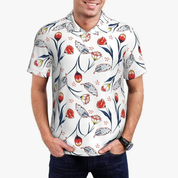 Honeii Tulips Flowers print Polo Shirt, a classic short-sleeved, button-down golf shirt designed for menLarge
