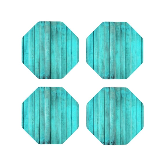 Honeii Turquoise Wooden2 Print Leather Coaster Set of 4, Ideal for Safeguarding Your Furniture from Drinks Spills and Effortless Cleanup-Octagon