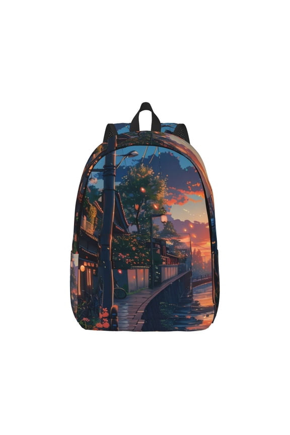 Twilight Canal Reflection Print Canvas College Laptop Backpack, Durable Rucksack Travel Notebook Bag School Backpack Book Bag for Men Women-Medium