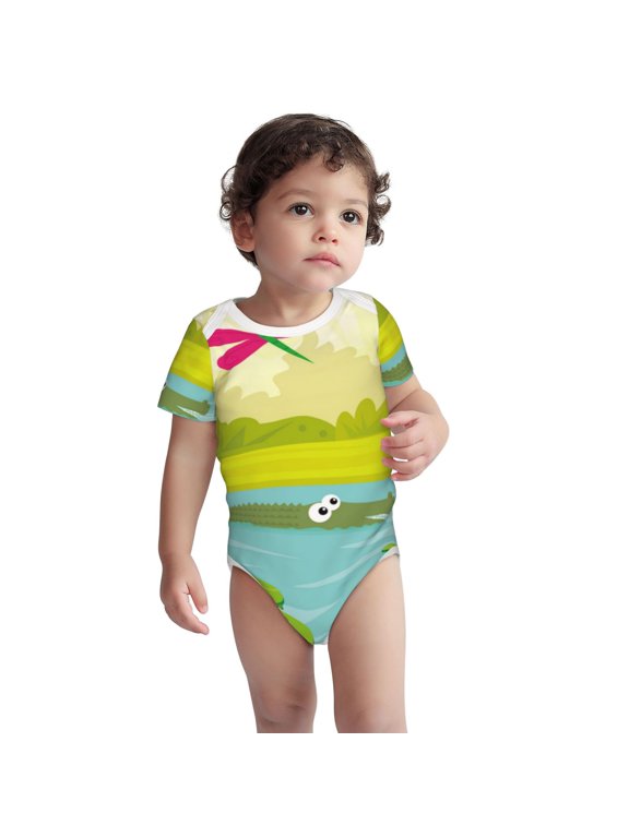 Two Frogs Are Sitting On Water Lilies Pattern unisex-baby Short-sleeve Bodysuit,One-piece Bodysuit 100% Organic Cotton-2 Years