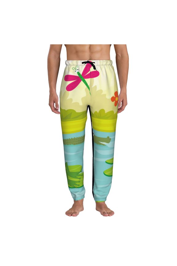 Two Frogs Are Sitting On Water Lilies Print Mens Jogger Sweatpants, Men's Lounge Pants with Pockets-