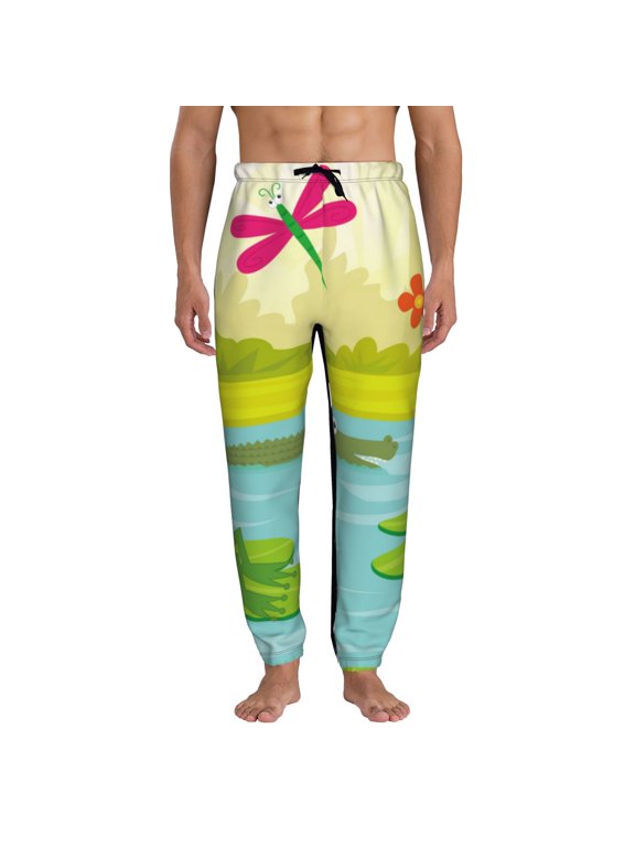 Two Frogs Are Sitting On Water Lilies Print Mens Jogger Sweatpants, Men's Lounge Pants with Pockets-