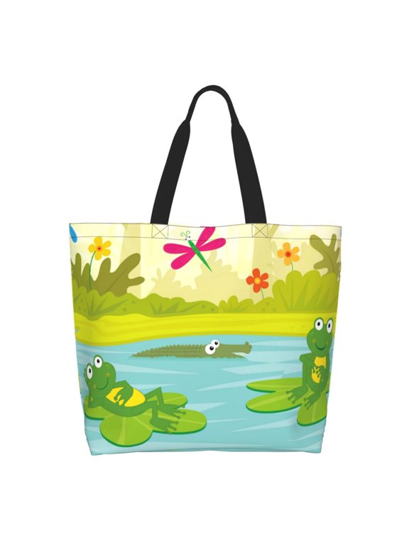 Two Frogs Are Sitting On Water Lilies Print Tote Bag for Women, Foldable Tote Bag Large Shoulder Bag Top Handle Handbag for Travel, Work