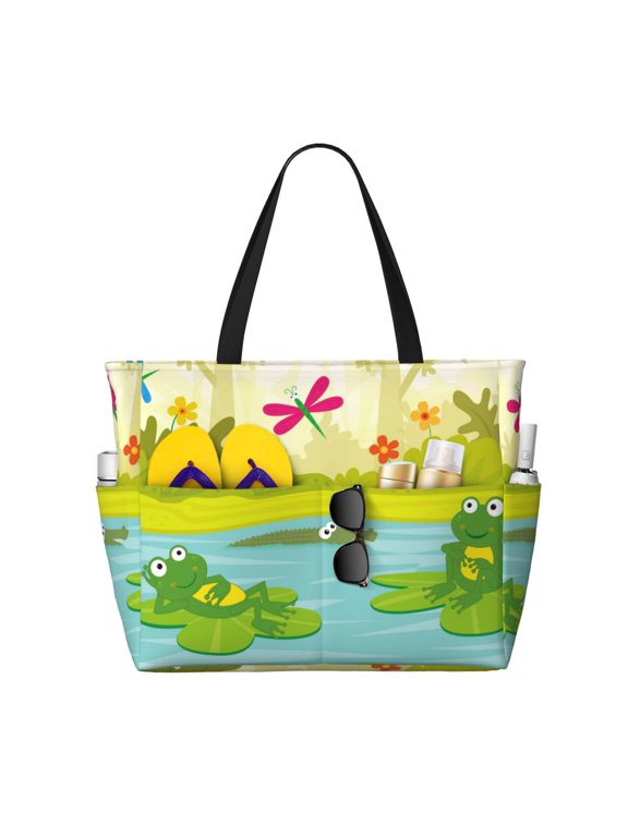 Two Frogs Are Sitting On Water Lilies for Tote Bag with Adjustable Strap,Beach Bag, Waterproof Sandproof Beach Tote Bag, Large Capacity Foldable Beach Bags
