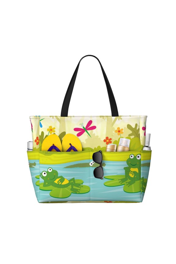 Two Frogs Are Sitting On Water Lilies for Tote Bag with Adjustable Strap,Beach Bag, Waterproof Sandproof Beach Tote Bag, Large Capacity Foldable Beach Bags