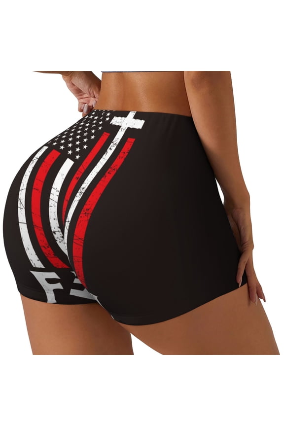 USA Flag Cross Print Women's Workout Shorts, Gym Shorts for Active Wear, Sports Shorts,Women's Running Shorts,Quick Dry Athletic Shorts-Small